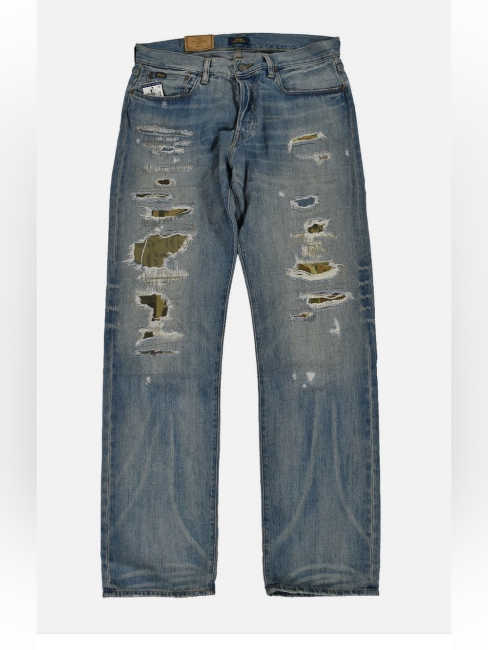Ralph Lauren Men's Distressed Blue Jeans with Olive green Patch Underlay